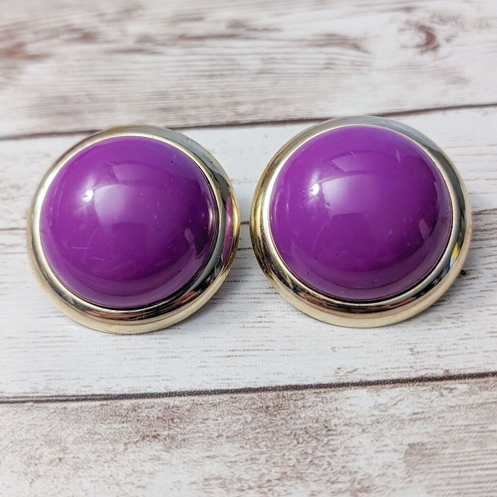 Vintage Clip On Earrings - 1 & 3/8" Purple Domed Circle with Gold Tone Halo